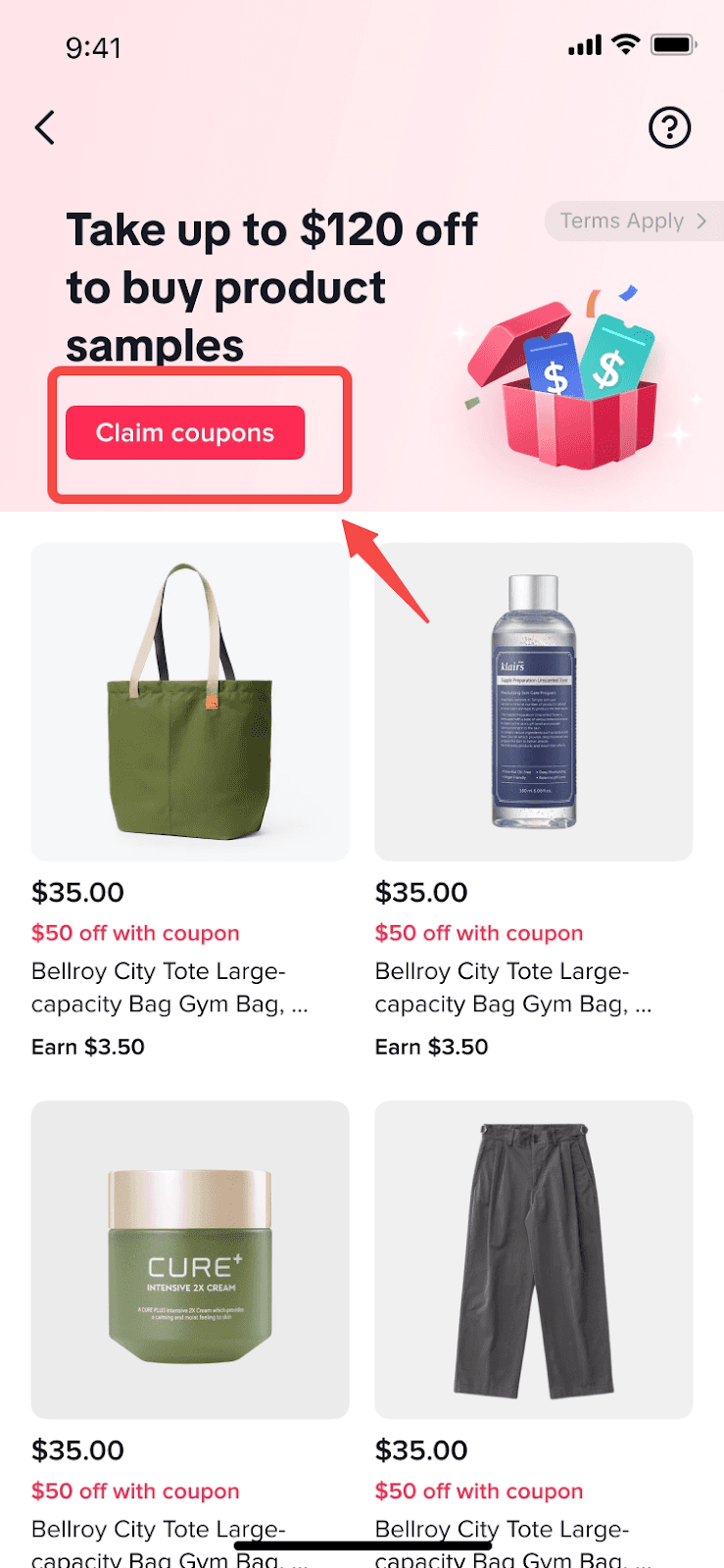 A blurred mobile phone screenshot displaying a shopping interface with product listings and a 'Claim Coupons' button.