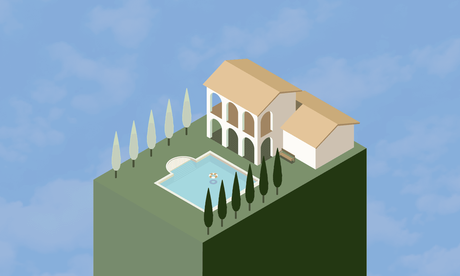 This image features an aerial view of a luxurious property showcasing a modern villa with large windows, a spacious backyard, and an inviting swimming pool, set against a backdrop of a clear blue sky and surrounded by tall trees, exemplifying an ideal real estate investing opportunity.