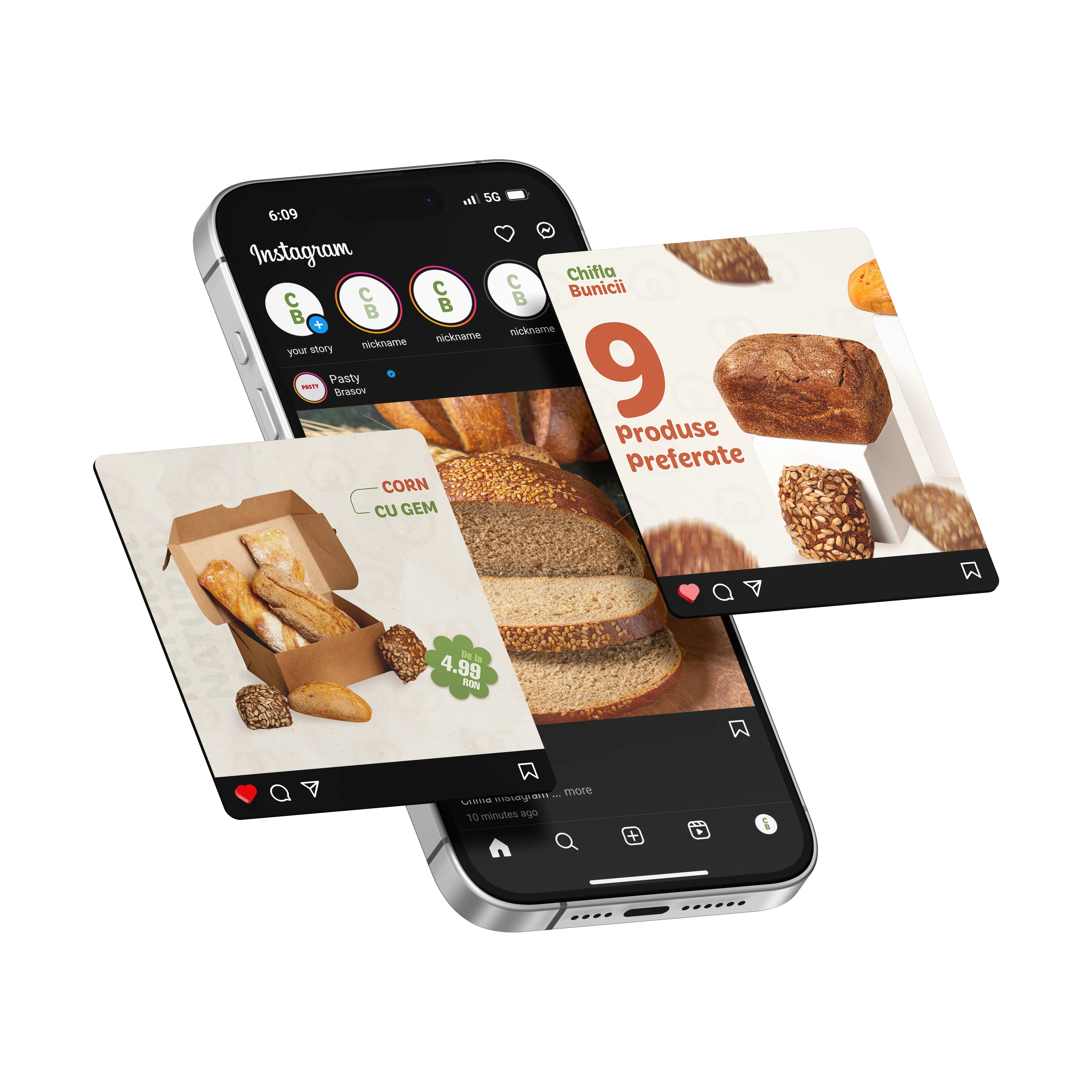 Telefon care conține o simulare a șabloanelor de social media pentru produse de panificație