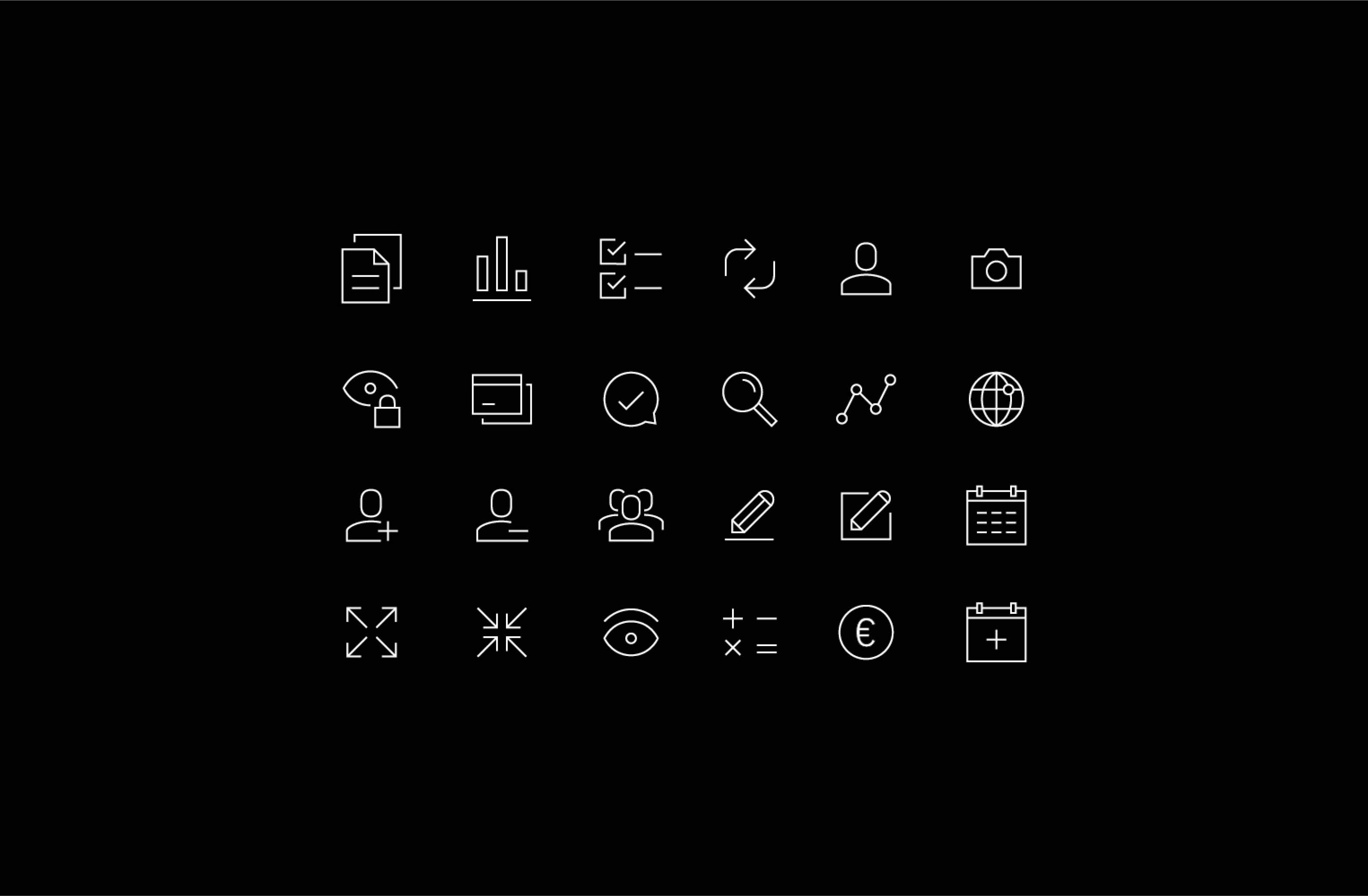 Collection of minimalist outline icons representing productivity, analytics, and user interface elements on a black background.