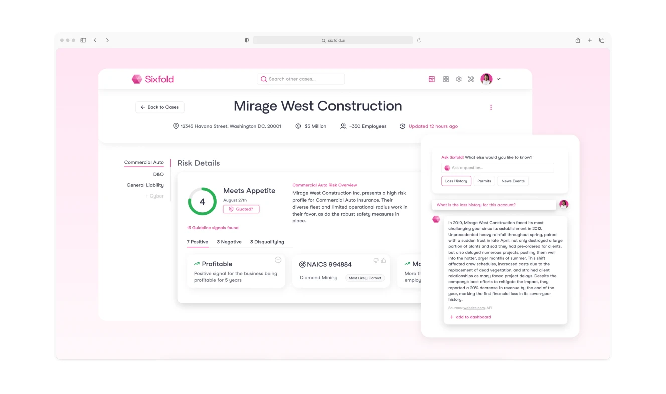 Sixfold platform interface showing risk details and AI-generated explanations for insurance accounts.