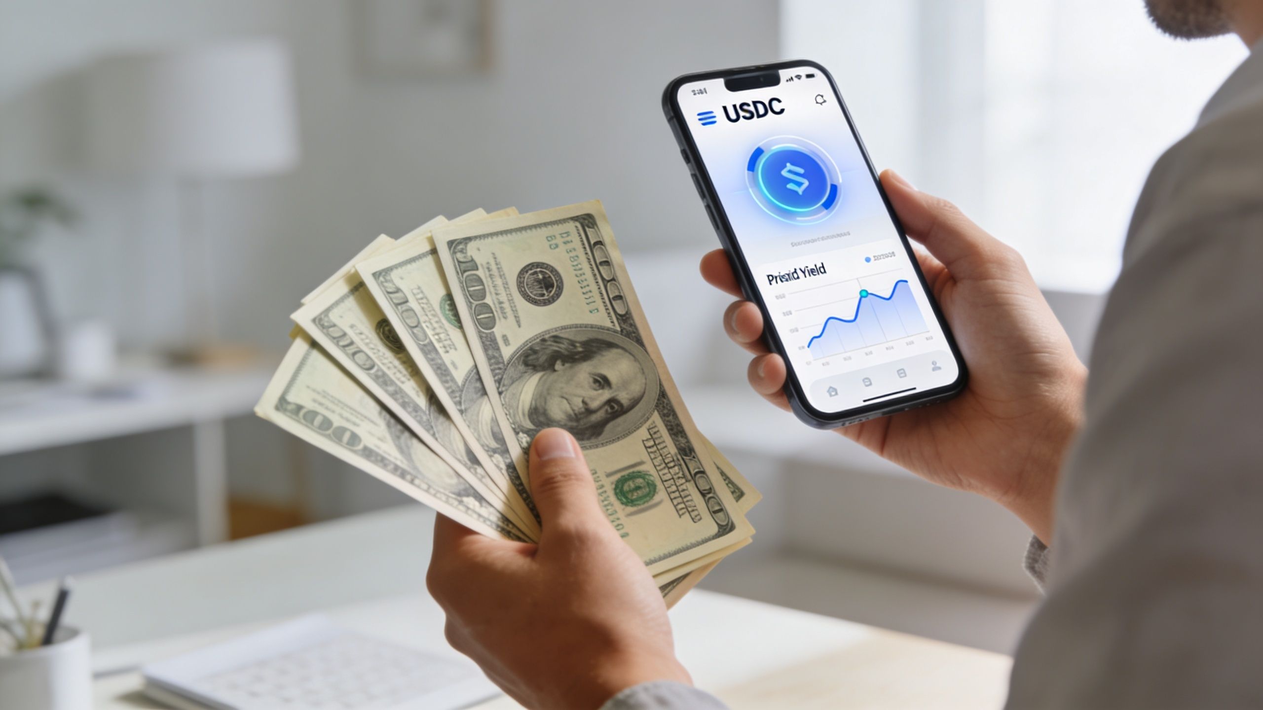 A person holding a stack of US hundred dollar bills and a smartphone showing USDC crypto app.