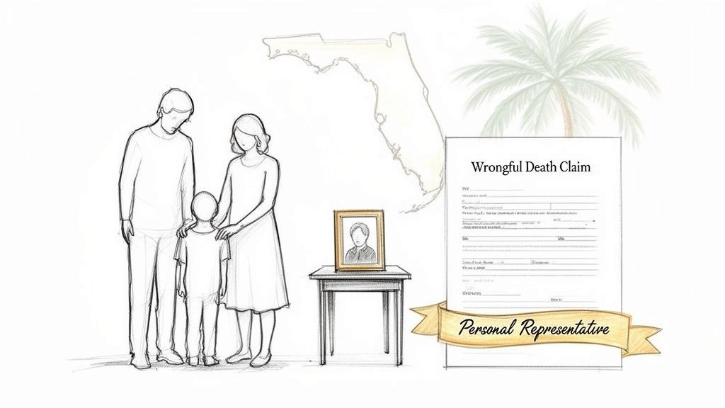 A sketch of a grieving family, a memorial photo, and a Florida wrongful death claim document.