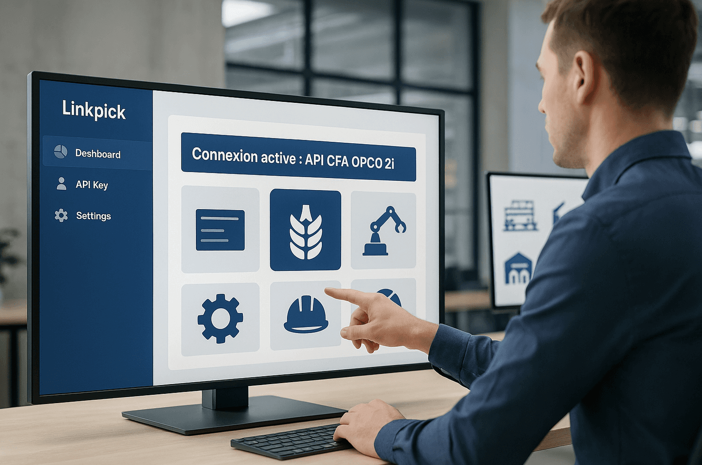 Professionnel configurant l’API CFA OPCO 2i sur une interface Linkpick, dans un open space moderne avec ambiance industrielle.