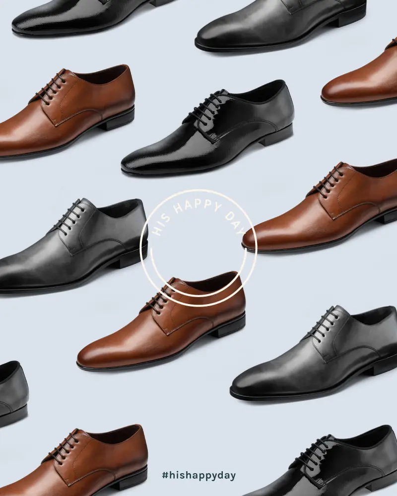 Auswahl eleganter Herrenschuhe in verschiedenen Lederfarben von Kerst Hochzeitsmode als Collage für die Sub-Marke His Happy Day mit runder Schriftmarke.
