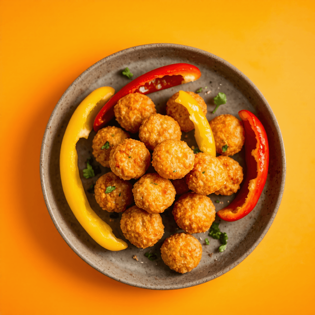 product photography of a plate of crispy fried snacks, typically served as an appetizer or side dish