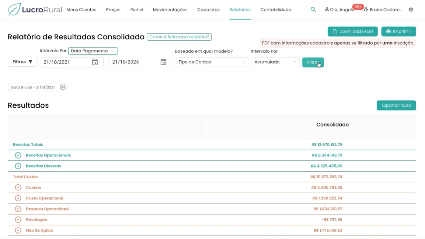 print da tela de demonstrativo de resultado de exercício
