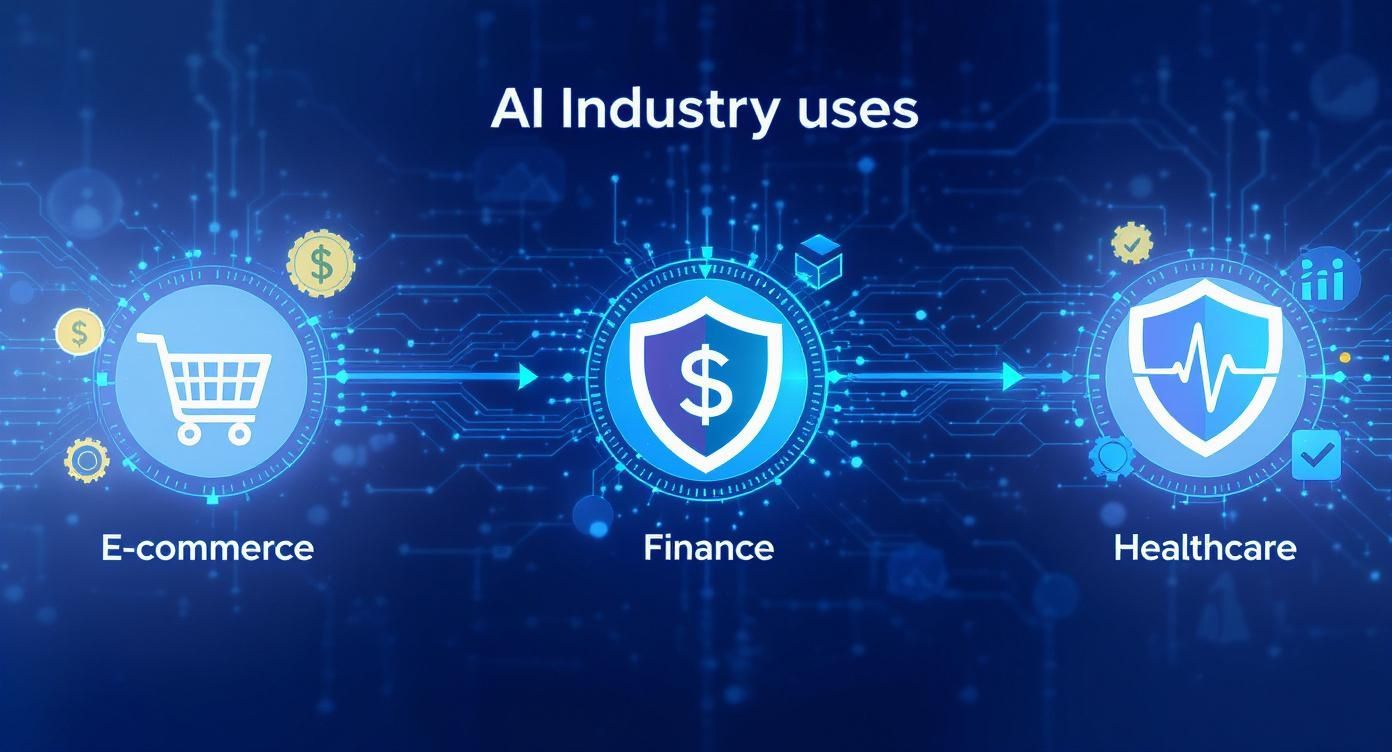 AI industry applications showing e-commerce shopping cart, finance dollar shield, and healthcare medical icons with digital connections