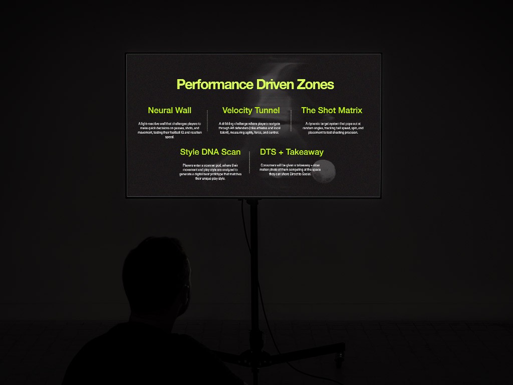 Presentation display showing a Nike pitch slide outlining performance-driven interactive zones through bold typography, dark cinematic layouts, and futuristic sports experience concepts in a dimly lit environment.