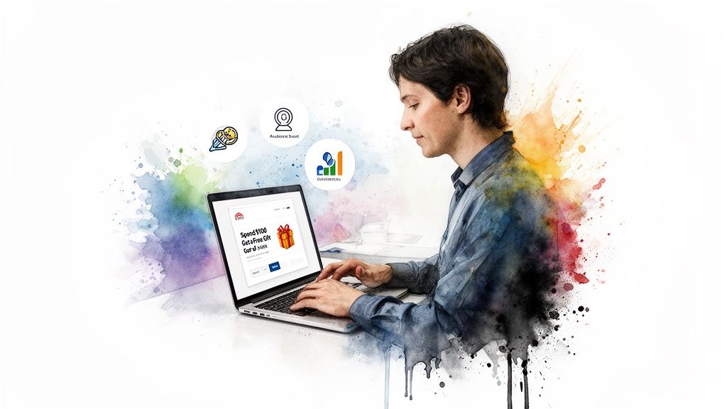 Man interacting with a laptop, displaying an ecommerce personalization offer, surrounded by data insights.