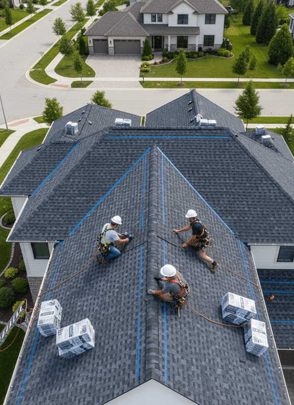 Roofing crew replacing damaged shingles on a home