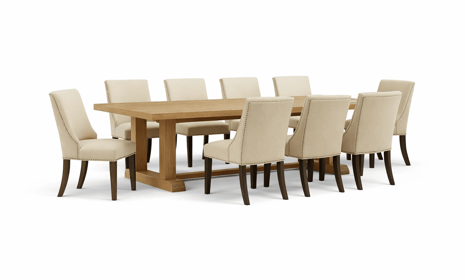 Rectangular solid wood dining set with high‑back upholstered chairs arranged for larger group dining