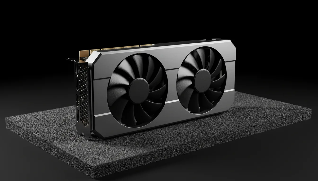 DSLR product shot of a modern dual-fan computer graphics card, featuring a matte gunmetal grey shroud and black fan blades. The GPU rests on a dark, textured foam surface against a pure black background. The lighting is dramatic and cinematic, with high-contrast studio light precisely highlighting the contours and metallic texture of the hardware, creating deep, moody shadows.