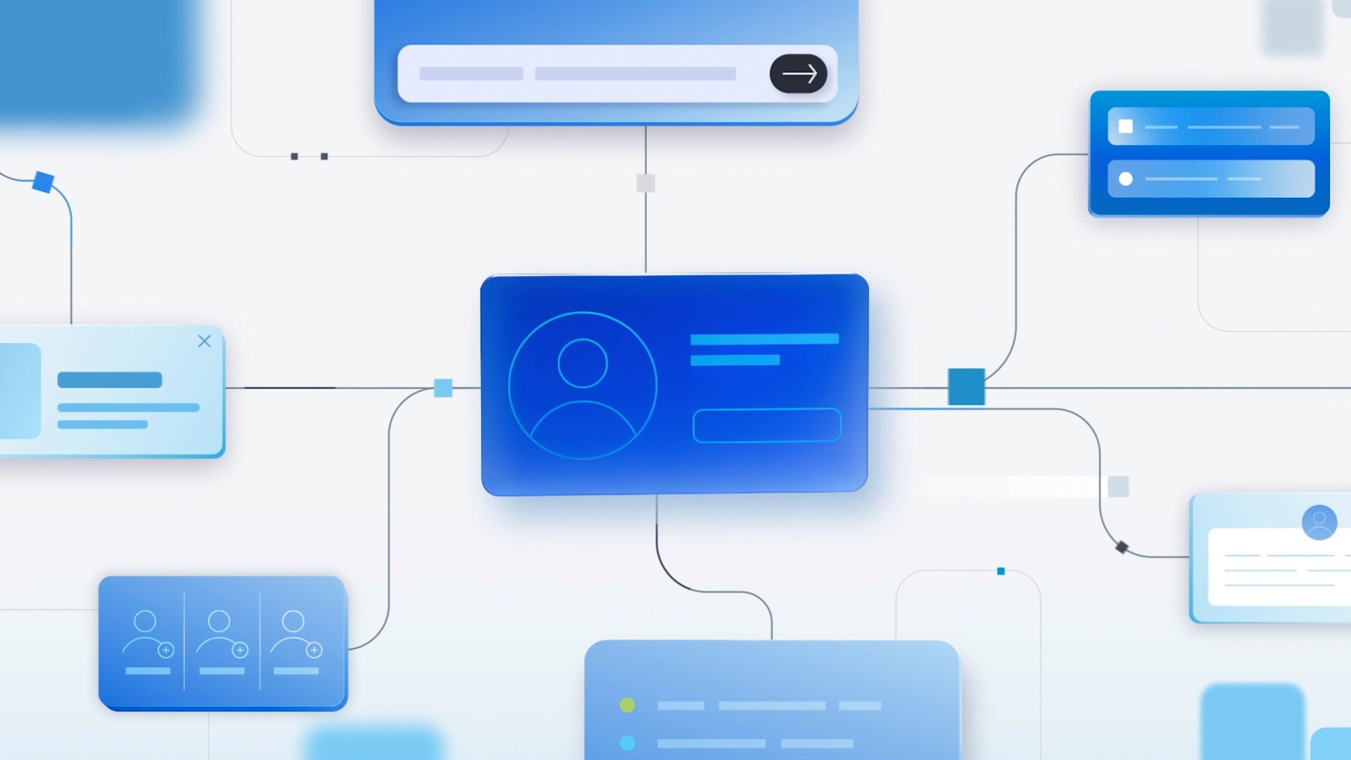 3D animated interface showing an employee profile linked to different modules and data panels within a talent management system.