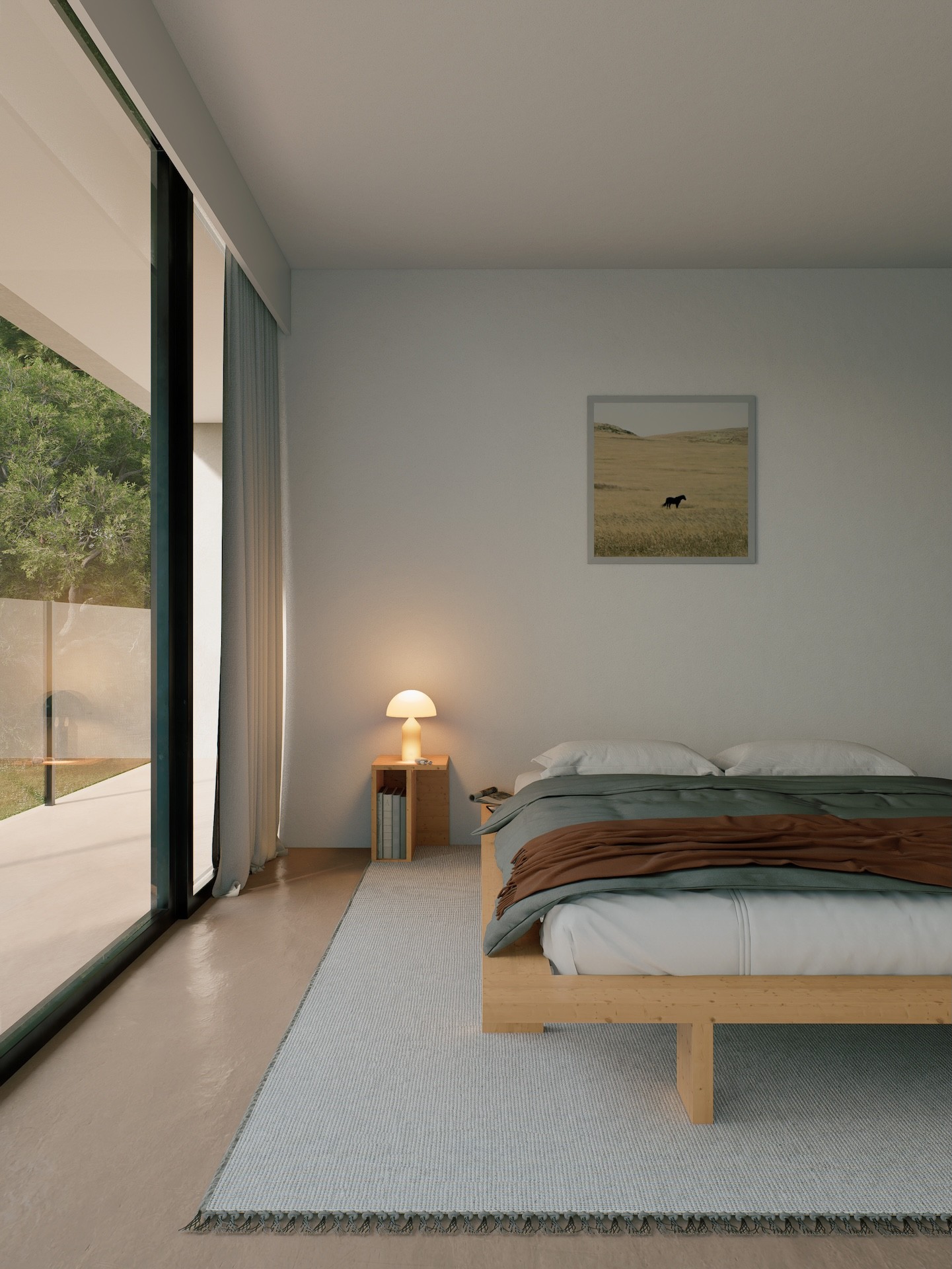 Child walking on a wooden beam with a large tree and swing nearby in a courtyard of modern wooden houses, while another person adjusts a bicycle.