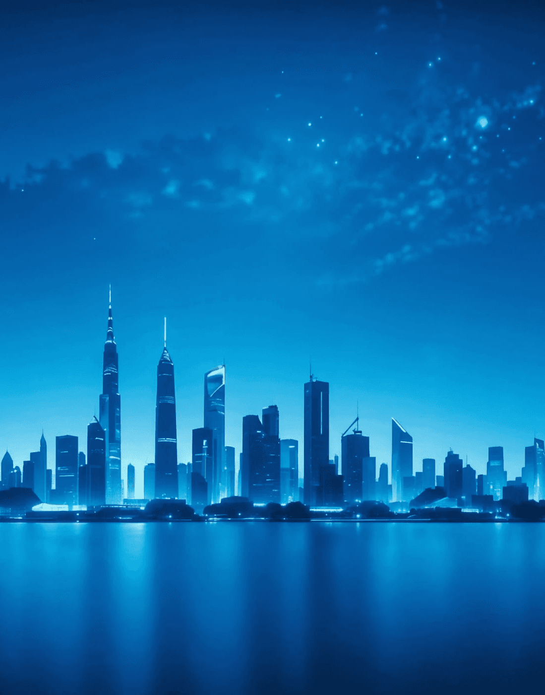 a modern city at night in blue light