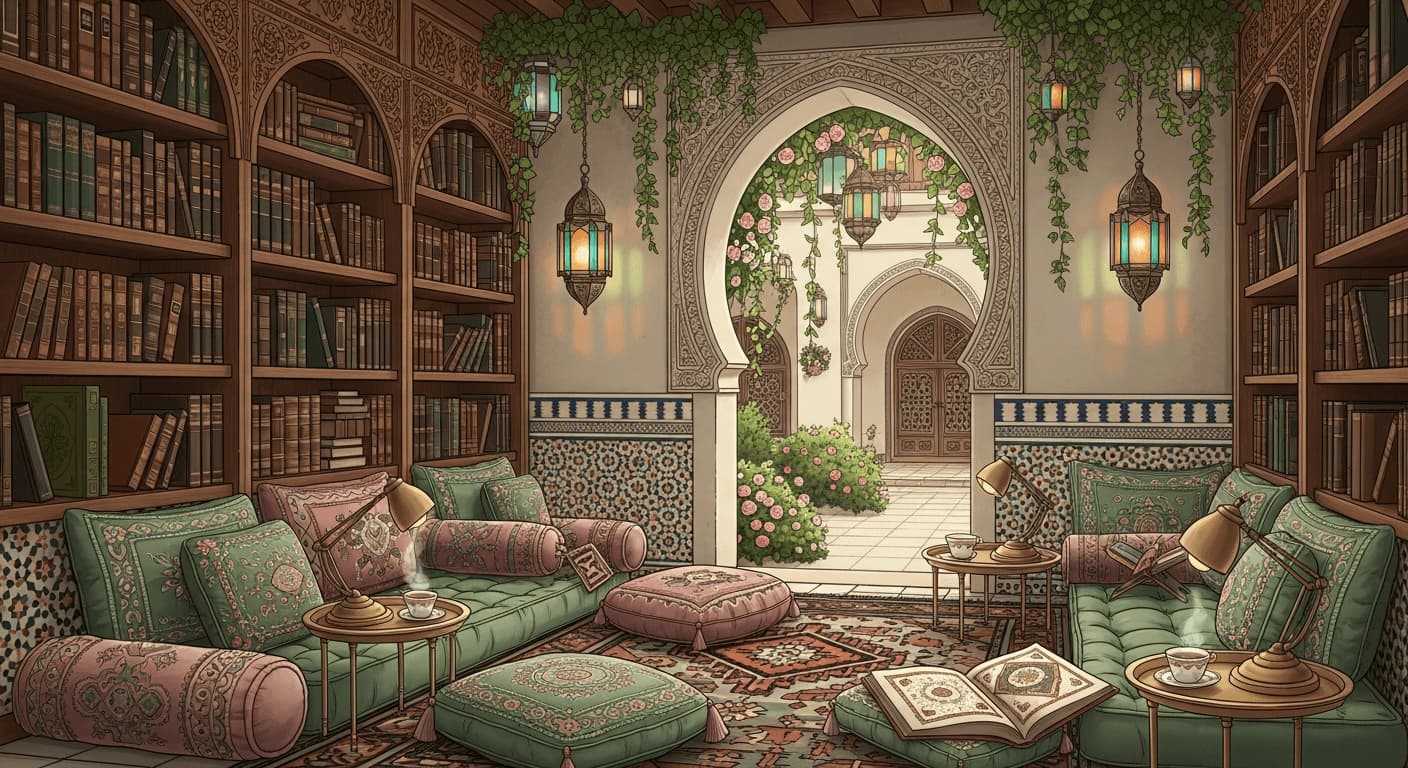 Cozy Moroccan-style library and lounge with archway, colorful lanterns, tilework, and floor seating.