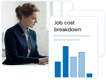 Businesswoman analysing data with a digital overlay showing a “Job Cost Breakdown” chart, symbolising budget tracking and cost control.