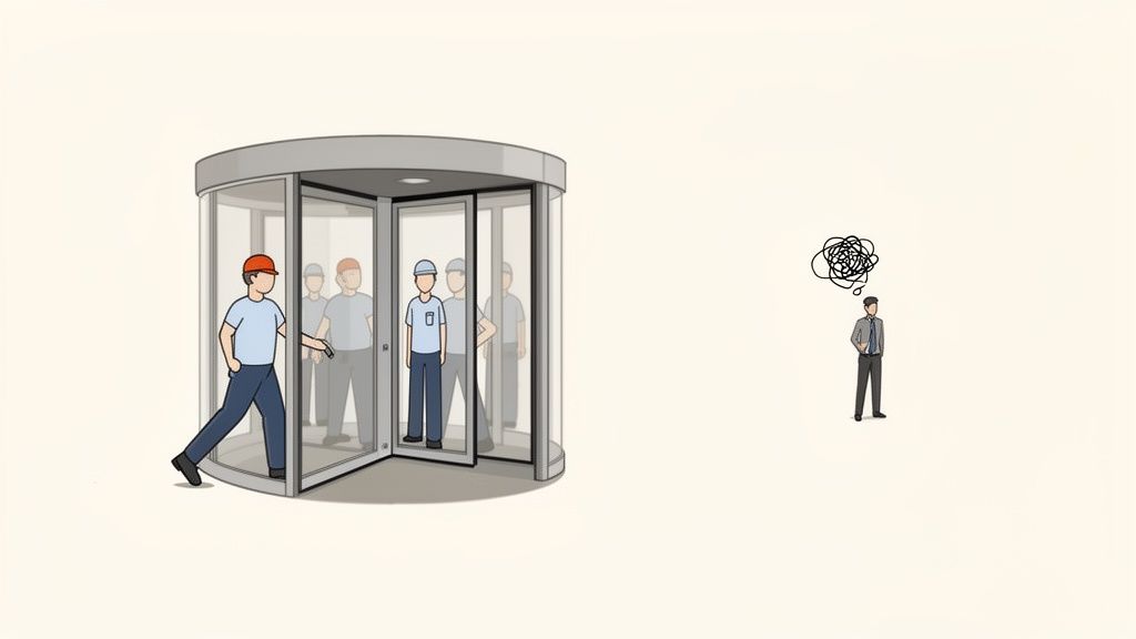 An illustration of people moving through a revolving door, while a confused manager contemplates a problem.