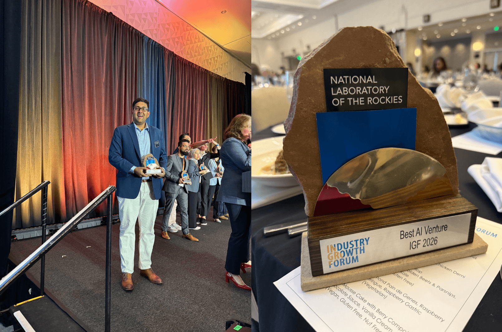 FLUIX AI founder receiving Best AI Venture award at NLR IGF 2026 alongside close-up of award trophy