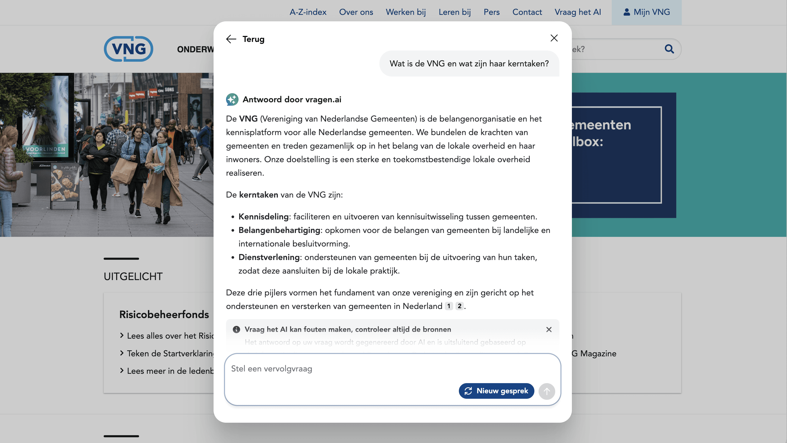 VNG website met vragen.ai als AI tool
