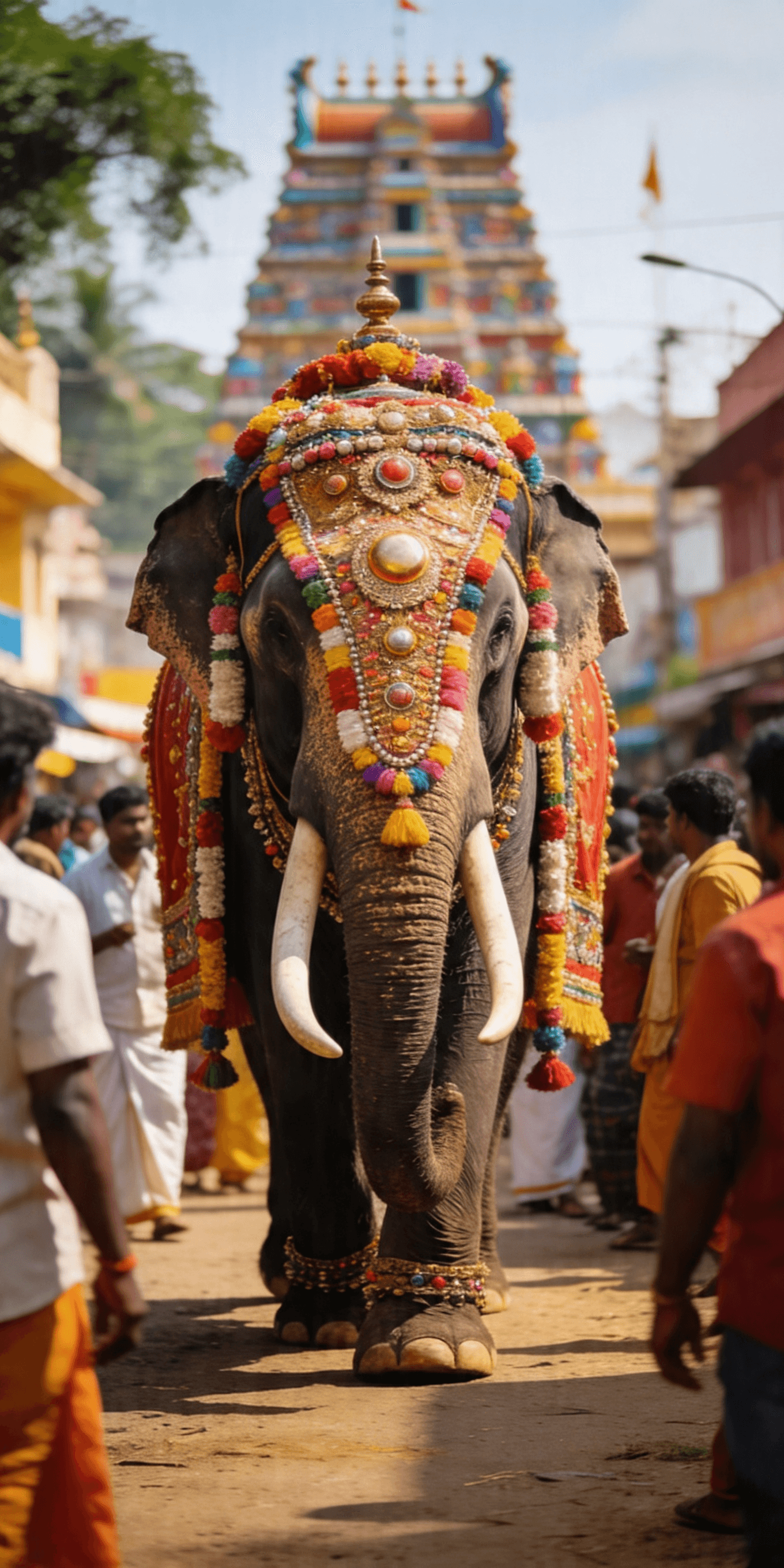 a decorated elephant walking down a busy street
