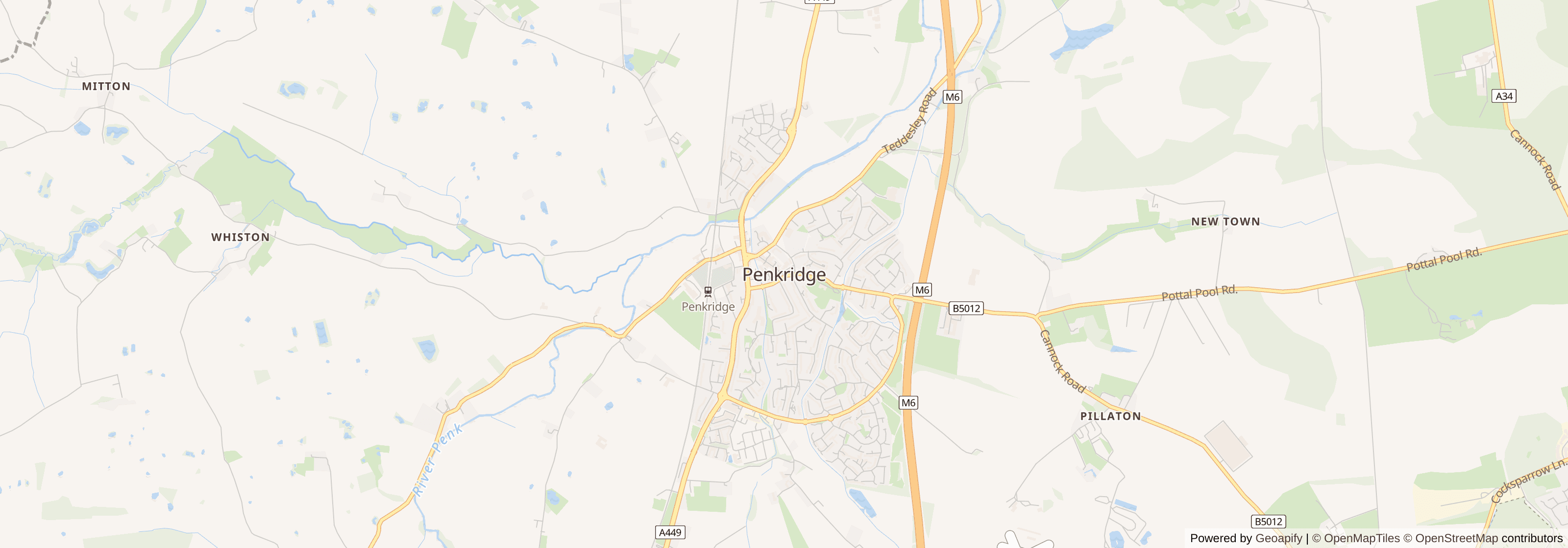 Street map of Penkridge, Staffordshire showing main roads and nearby areas