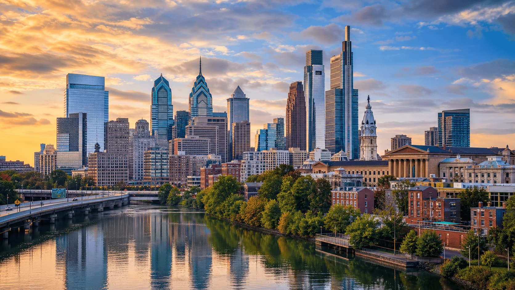 Philadelphia skyline with historic and modern architecture