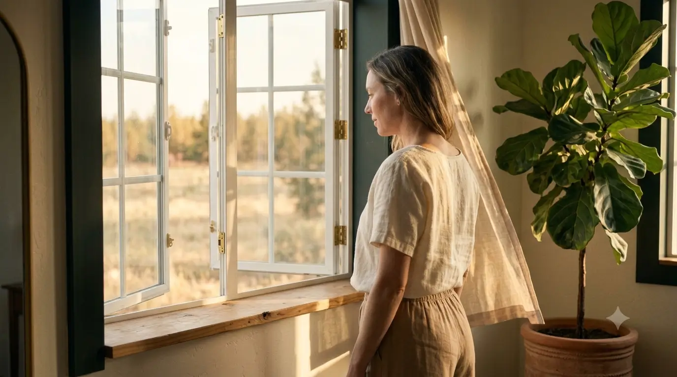 A woman at a sunlit window, shoulders softening as she exhales, her body easing open in the morning light.