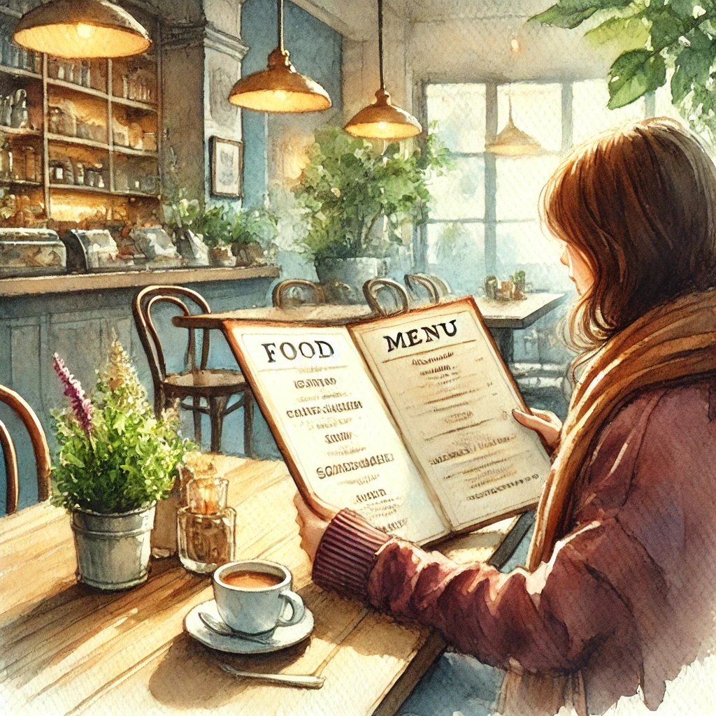 AI-generated water color painting of a customer reading a long cafe menu making it difficult for the customer to make choices