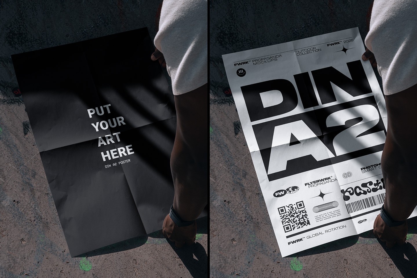 Outdoor A2 Poster Mockup showing a black and white design with realistic paper folds on a concrete floor