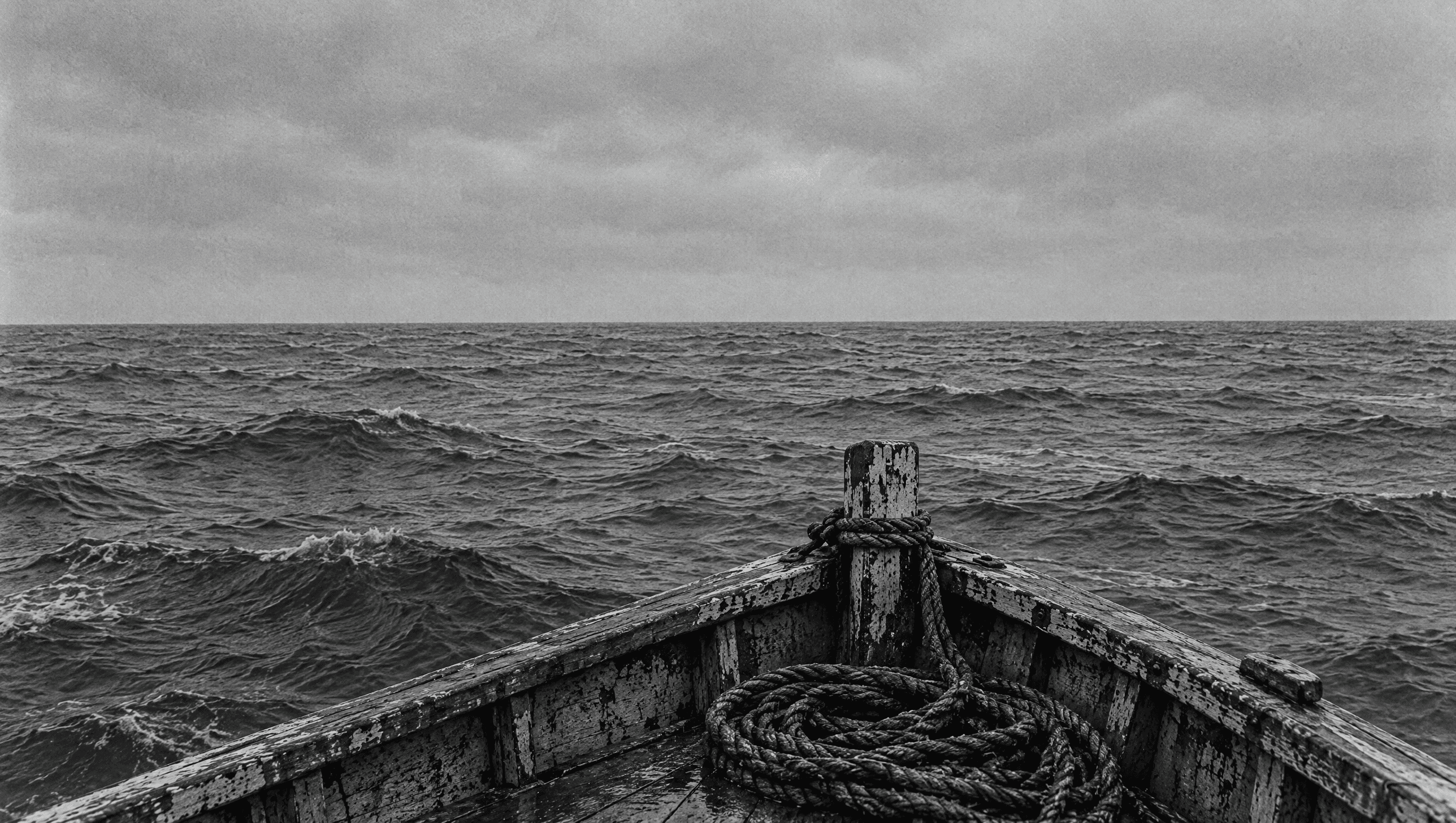 The worn bow of a small wooden fishing boat on open grey sea, no land anywhere on the horizon