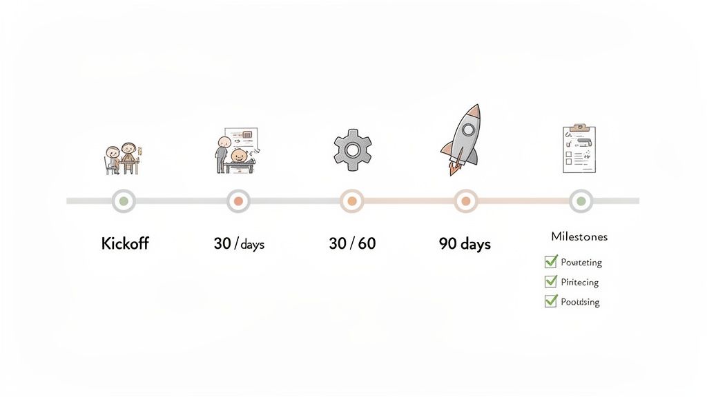 Illustrated timeline depicting project stages like kickoff, development, launch, and key milestones.