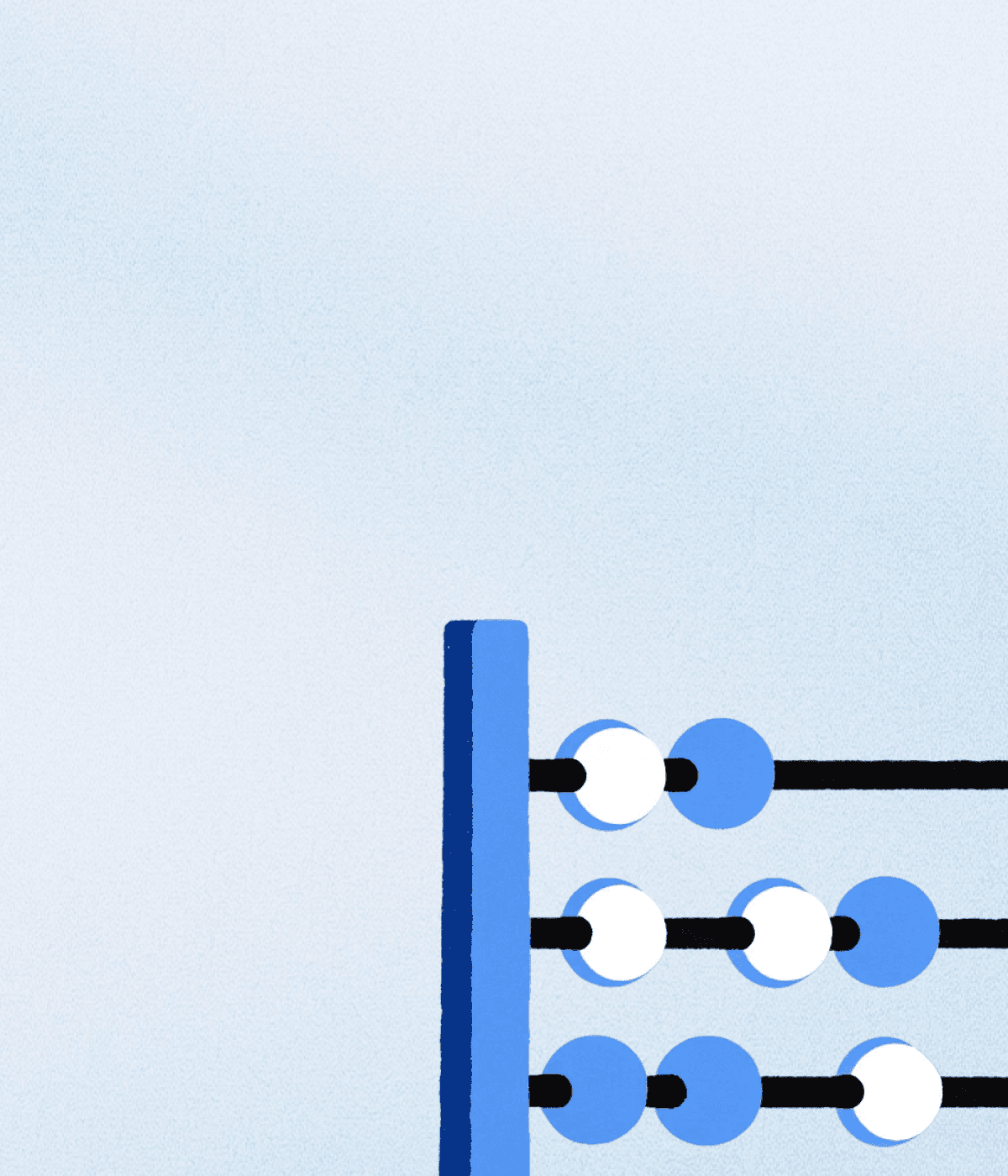 An abstract illustration of an abacus with blue rods and white beads against a light blue background.