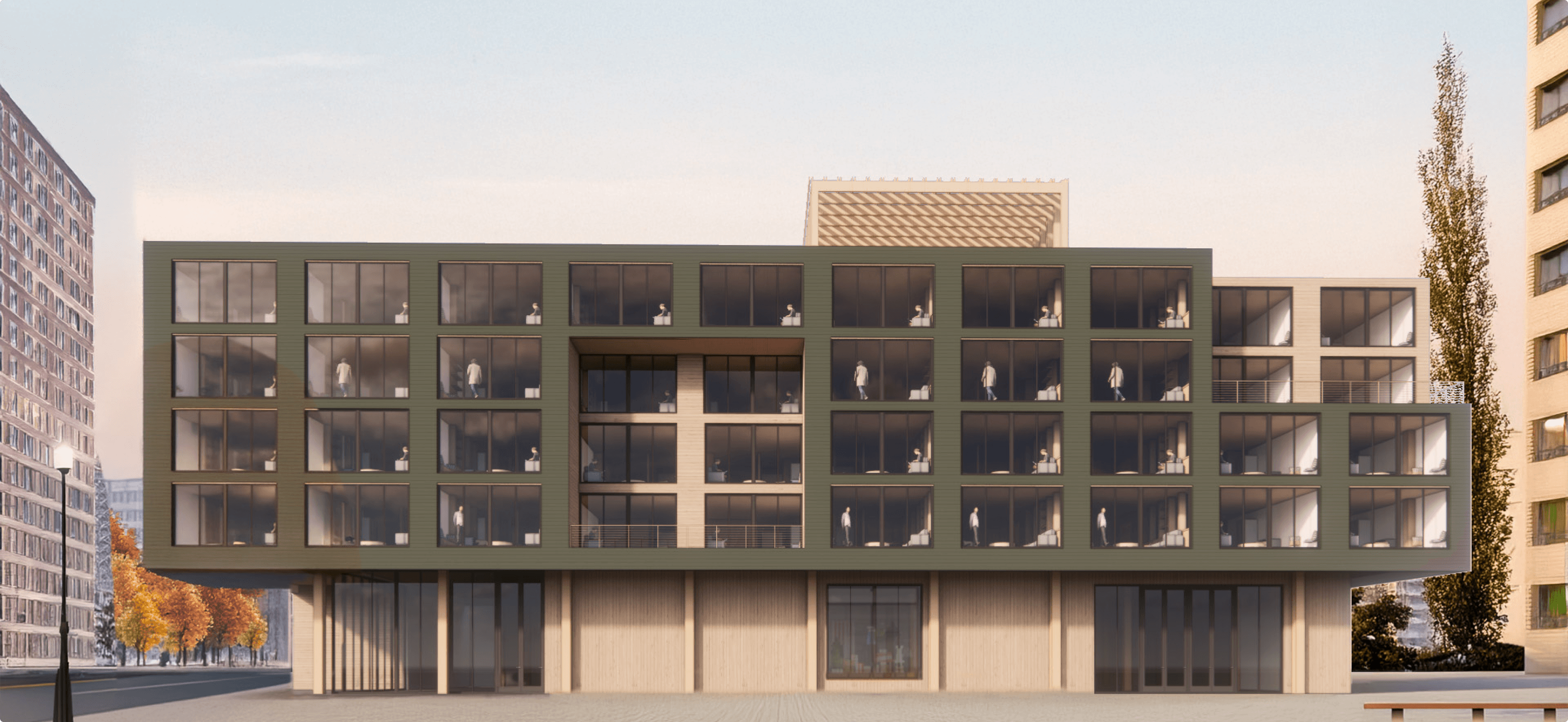 Front elevation of a TMBR mid-rise structure, showcasing modular units, sustainable materials, and a design optimized for urban density.