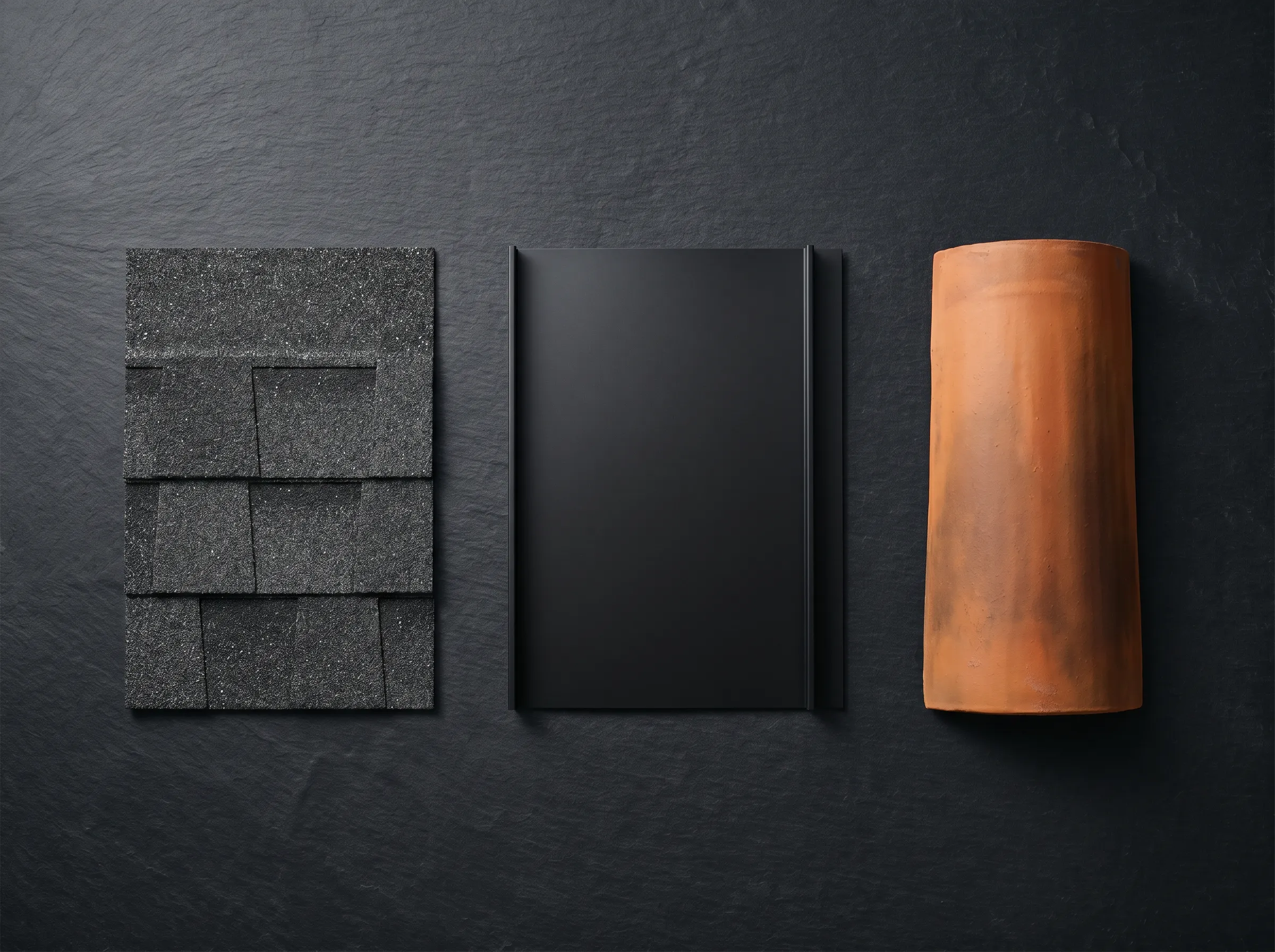 Roofing material samples including asphalt shingles, metal panel, and wood shake displayed on a dark background.