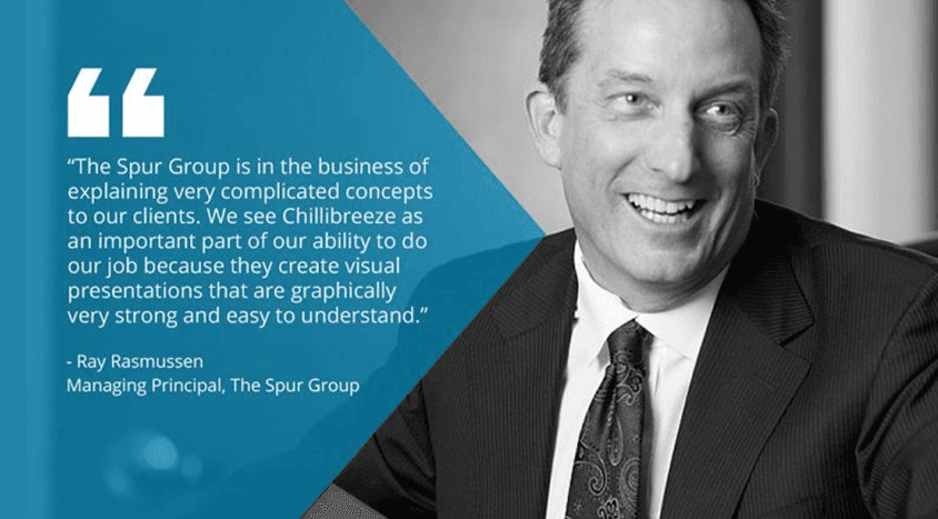 Smiling business professional with testimonial quote praising Chillibreeze's clear and strong visual presentations, set against a blue geometric background.