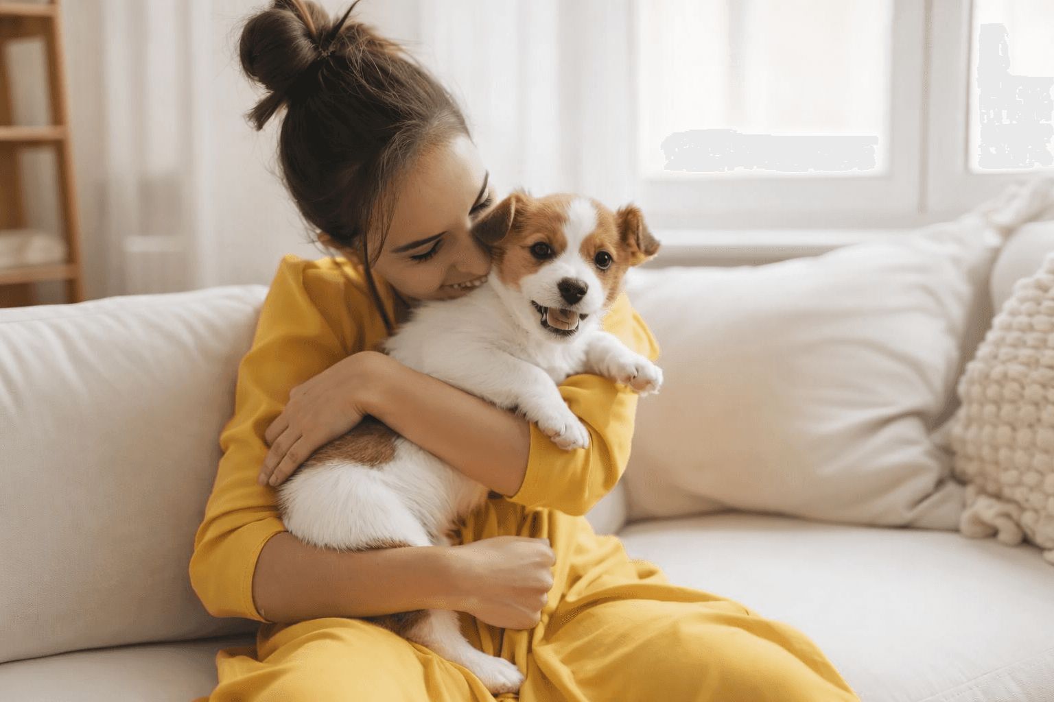 dog kissing woman in black crew-neck shirt