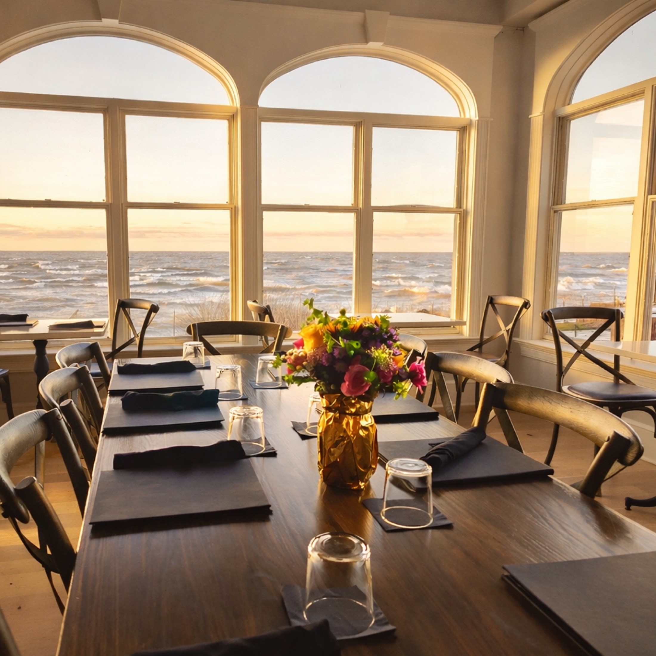 A long table set beneath the arched windows, with Lake Erie behind