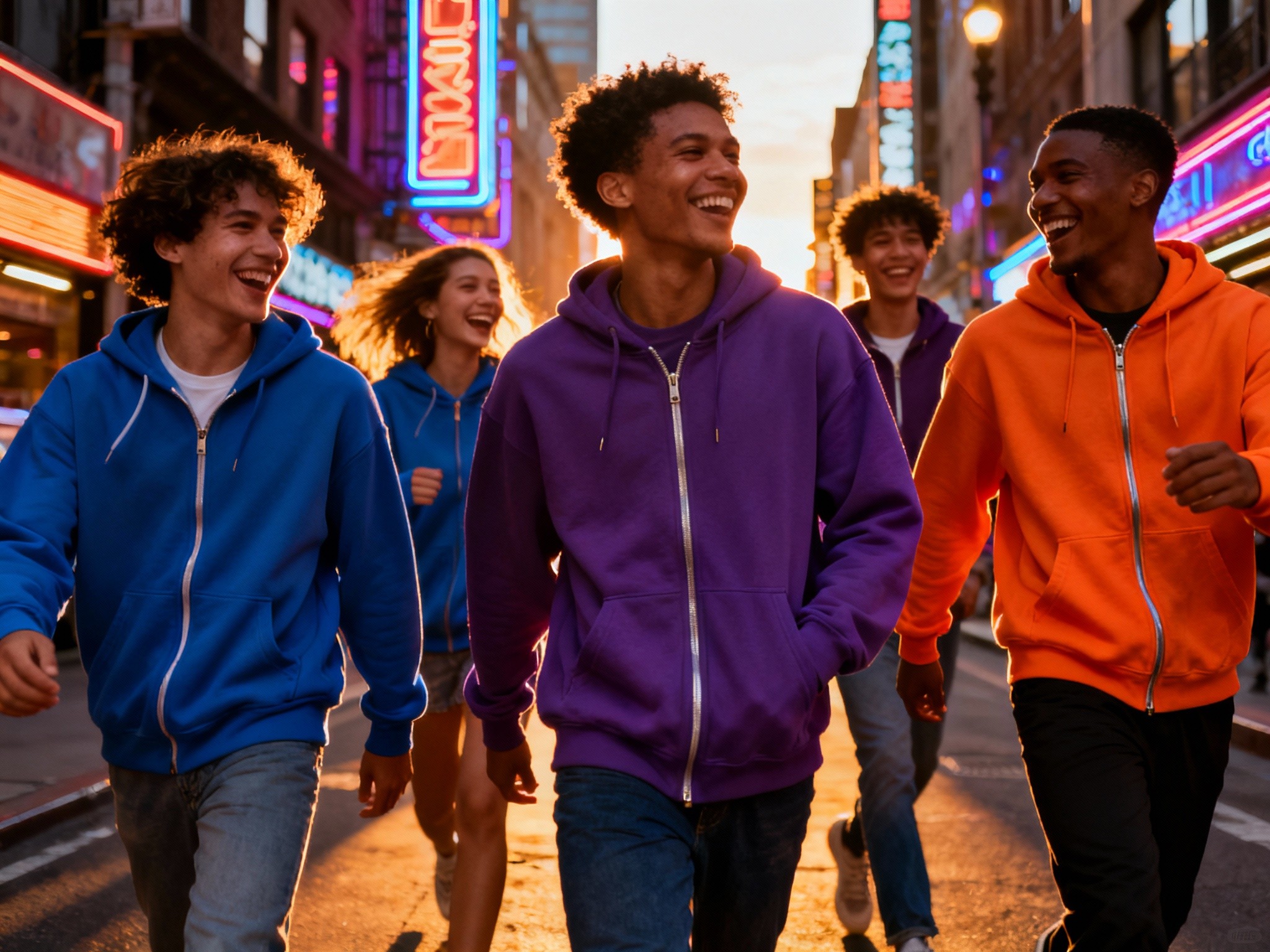 A vibrant editorial-style photograph of a diverse group of friends laughing and walking down a