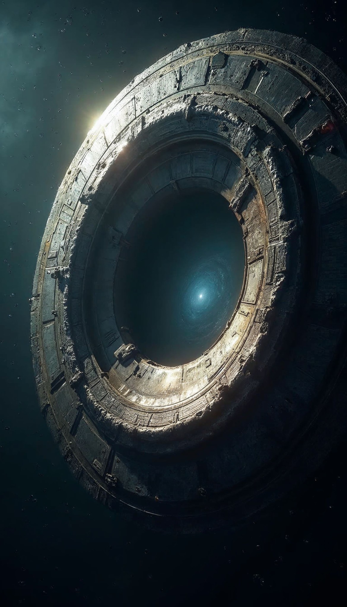 A futuristic, circular Hyperspace portal of unknown metal with intricate ancient details orbits in the darkness of space.