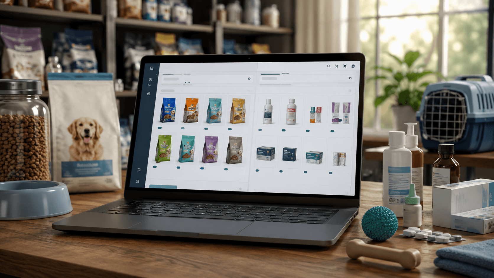 Renderização 3D realista em formato 16:9 mostrando um portal de vendas B2B para o setor pet em um ambiente moderno. Um notebook exibe um catálogo digital de produtos pet, incluindo rações, medicamentos veterinários e acessórios organizados em diferentes categorias. Ao redor, há embalagens de ração, produtos veterinários, brinquedos para animais e uma caixa de transporte. A cena transmite a ideia de uma operação centralizada que atende diferentes perfis de clientes do mercado pet por meio de um único portal, com aparência profissional, iluminação natural e sem presença de pessoas ou textos legíveis.