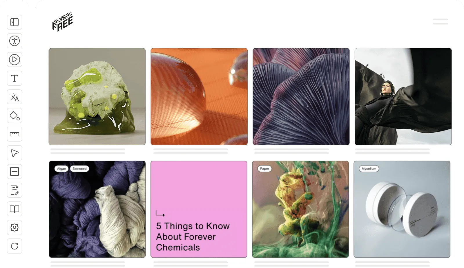 Example website showing the Adjustable toolbar in a left hand side configuration and in light mode