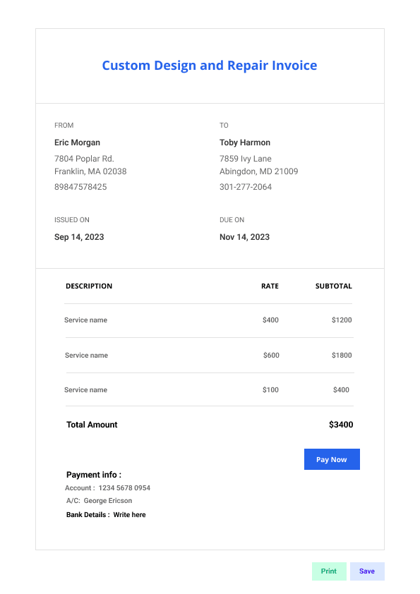 Custom Design and Repair Invoice