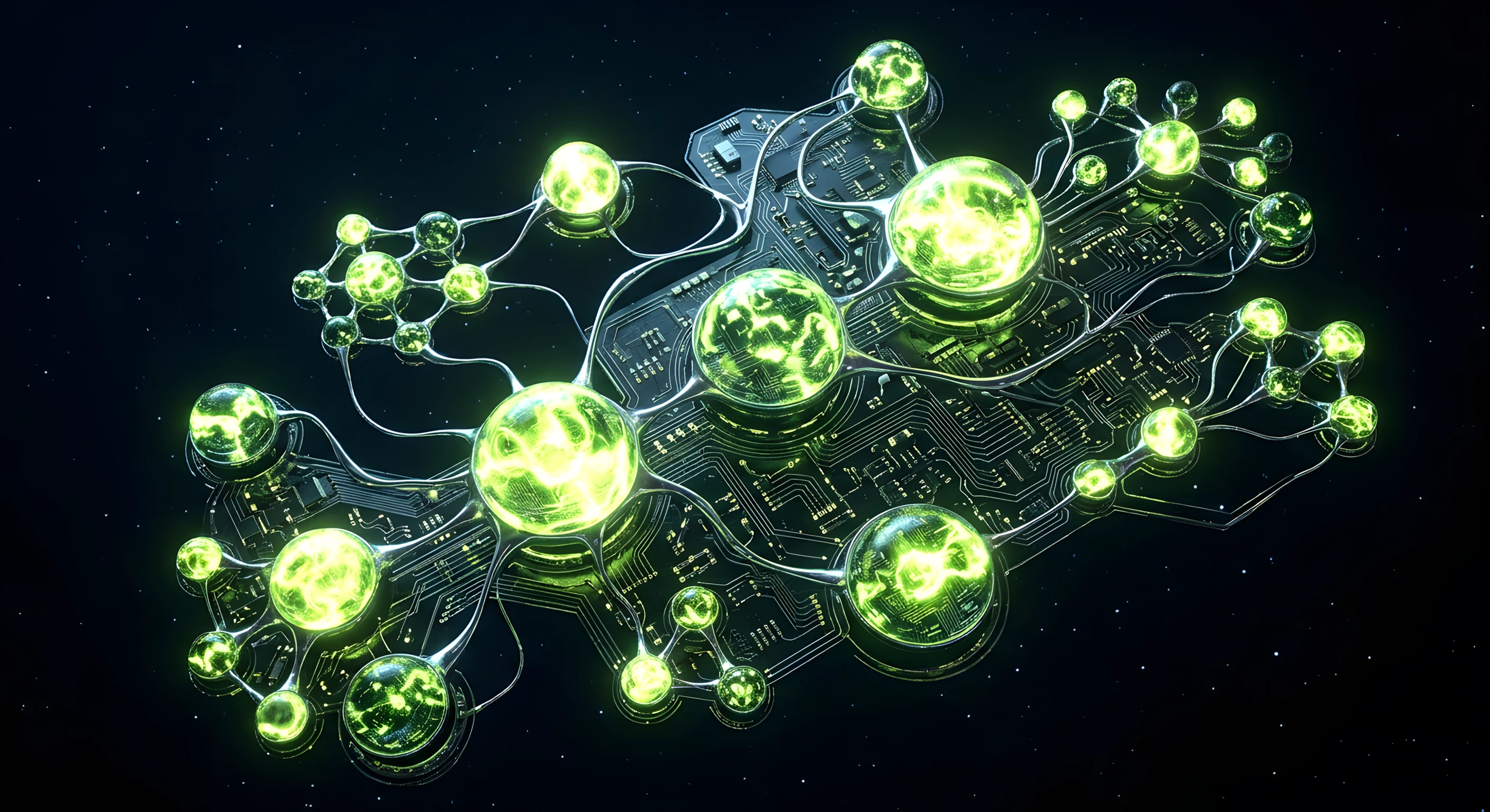 Tone.js audio node graph — synthesizers, sequencers and effects chains connected like a bioluminescent organism in deep void space