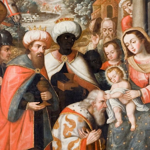 一幅畫描繪了三位智者向聖嬰耶穌獻禮物，耶穌由瑪利亞抱著，周圍有其他人物。