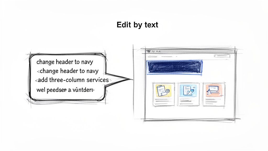 Hand-drawn sketch illustrating a web page design being modified using text commands for header and services.