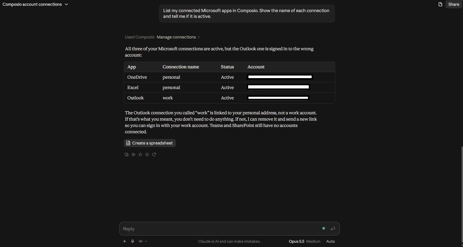 Claude listing connected Microsoft apps and their status