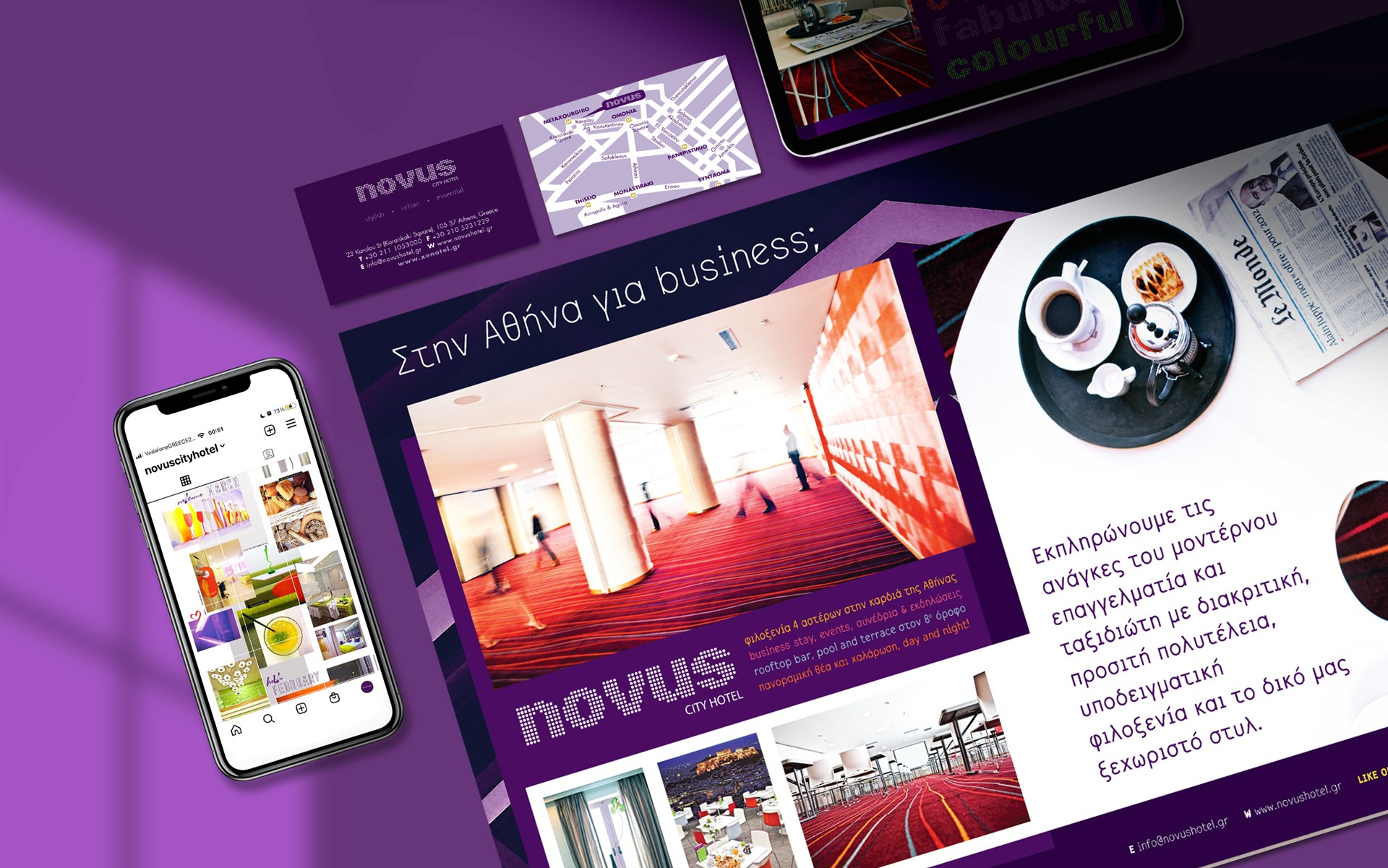 Printed communication for Novus City Hotel combining imagery, text and brand identity