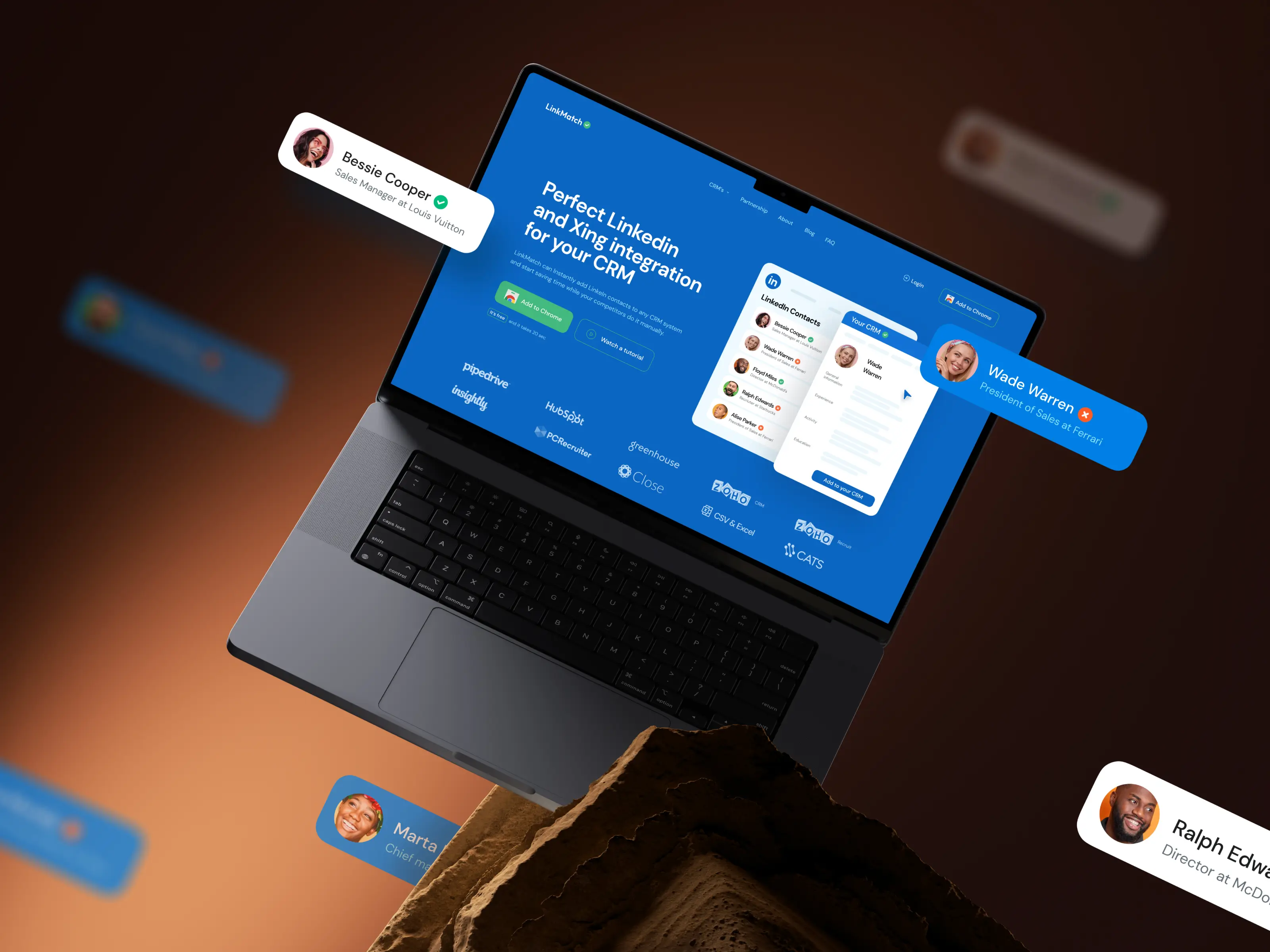 A laptop displaying a LinkedIn integration CRM tool interface, surrounded by floating user profile cards.